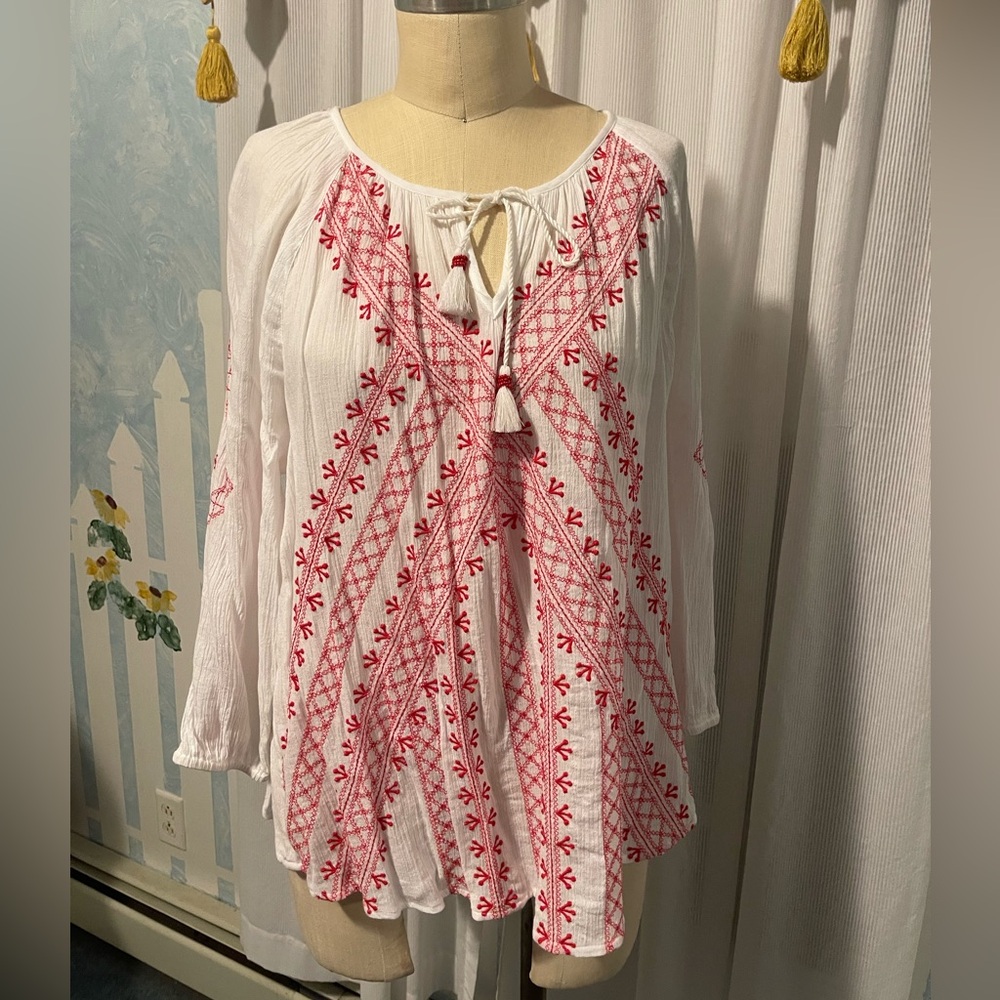 J Jill cotton and rayon gauze peasant blouse with red embroidery in L